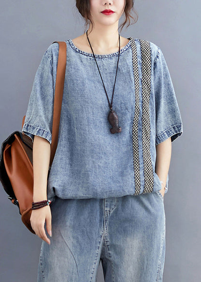 Retro Denim Blue O-neck Patchwork Top Half Sleeve