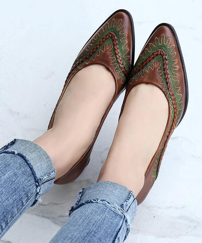 Red High Heels Chunky Genuine Leather Pointed Toe High Heels