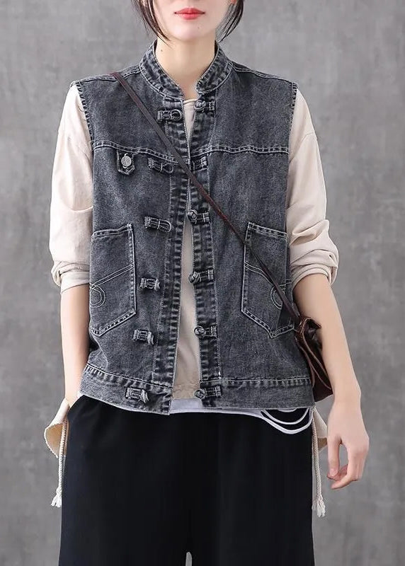 Retro Light Blue O-neck Patchwork Button Pockets Cotton Denim Waistcoat Sleeveless