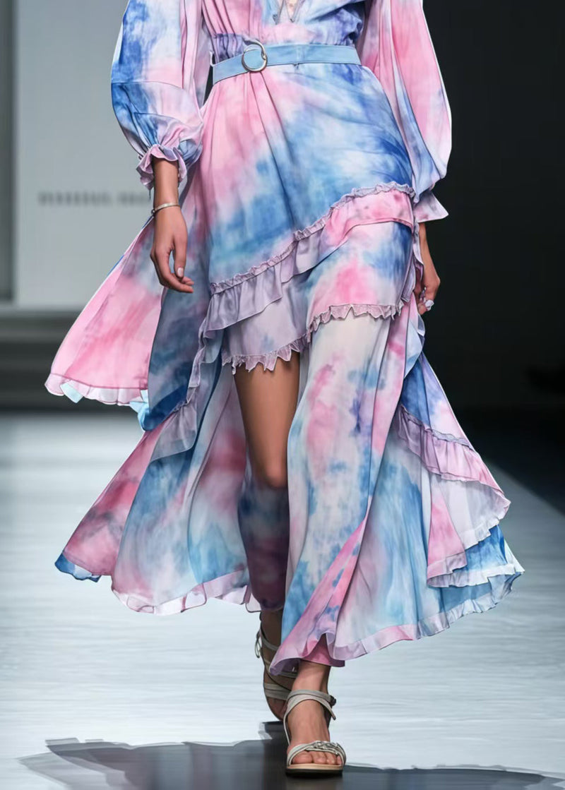 Rainbow Asymmetrical Tie Dye Chiffon Tunic Dress Spring