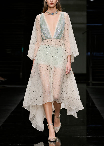 Beige Sequins Sheer Tulle Beach Dresses Summer