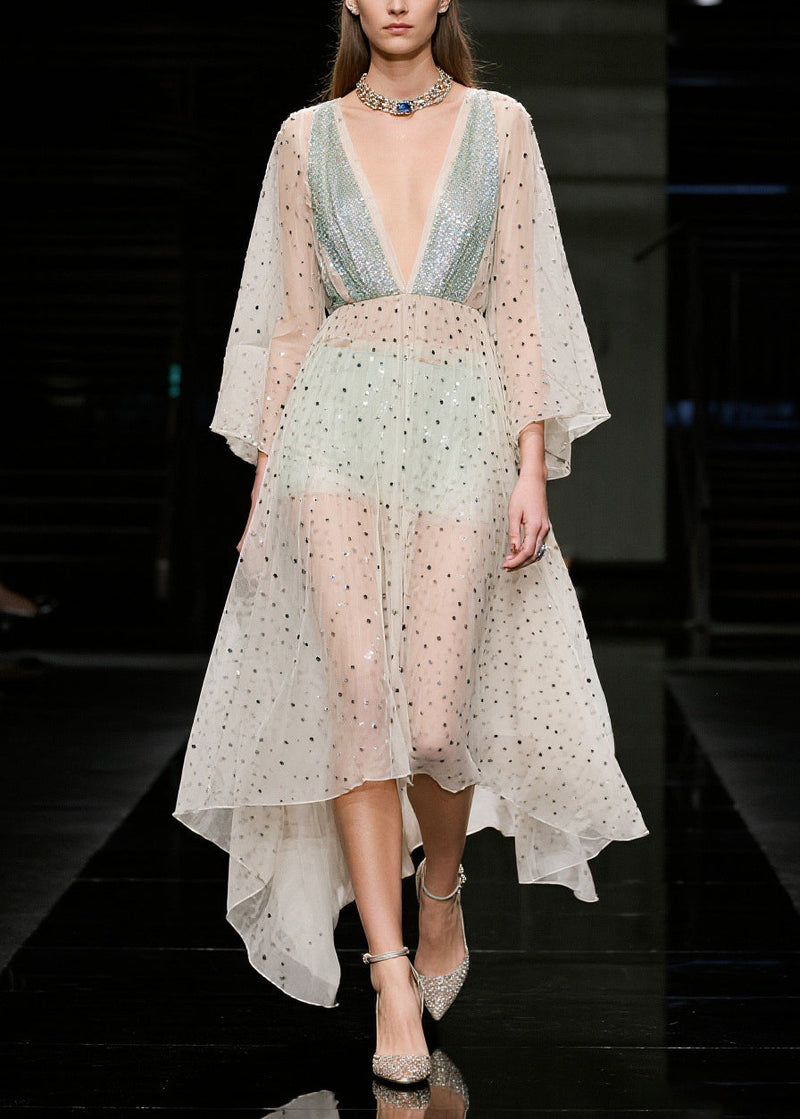 Beige Sequins Sheer Tulle Beach Dresses Summer