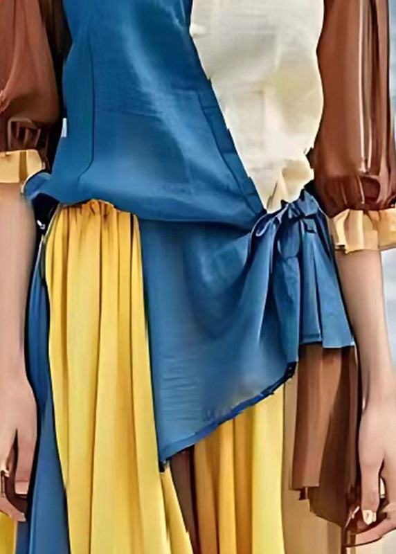 Colorblock Asymmetrical Patchwork Linen Cinched Dress Summer