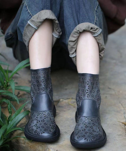 Brown Boots Cowhide Leather Hollow Out Splicing