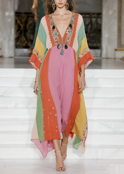 Loose Colorblock V Neck Cotton Dress Summer