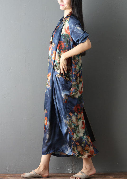 Blue Pockets Print Asymmetrical Design Fall Dress Half Sleeve