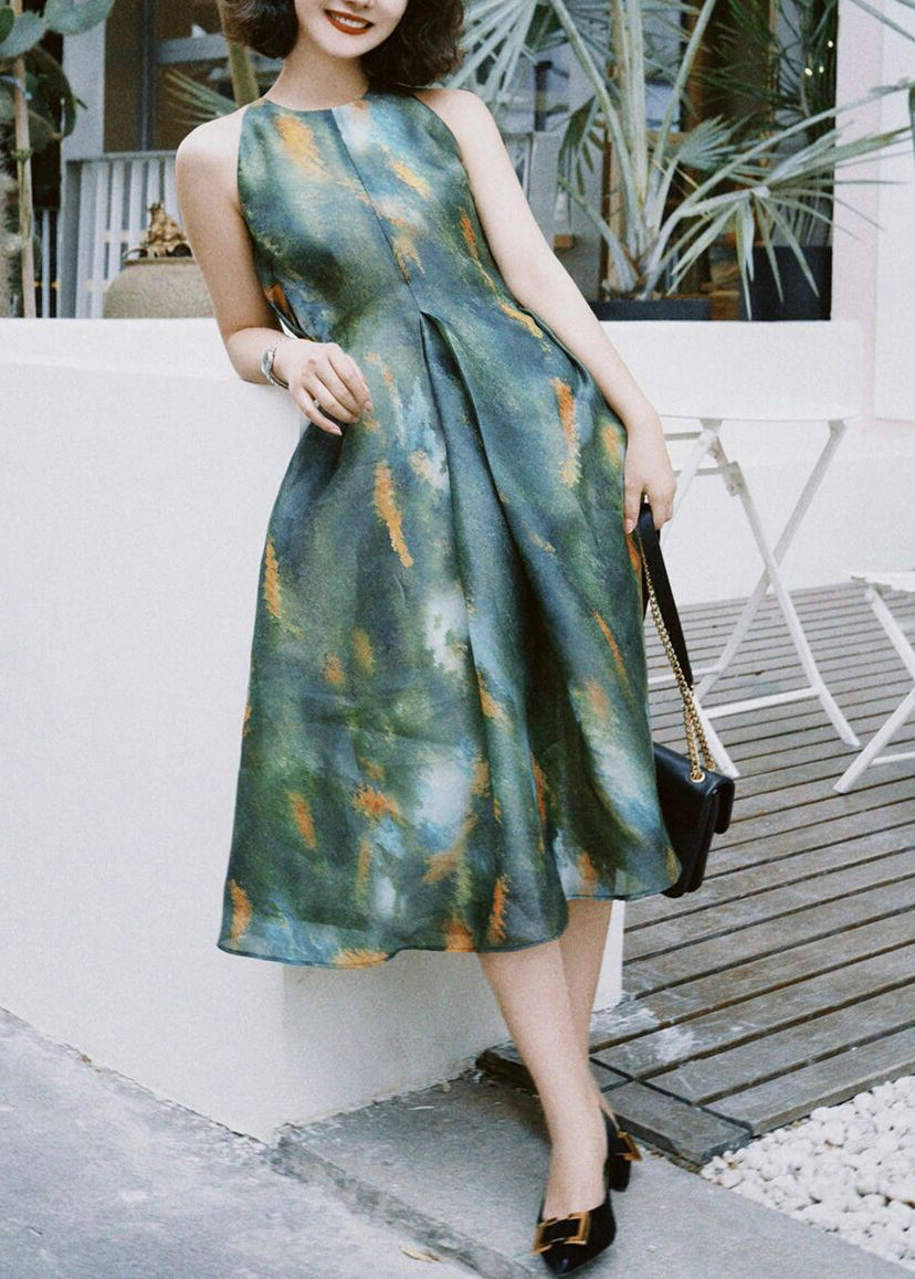 French Green Print High Waist Silk Long Dress Sleeveless Summer