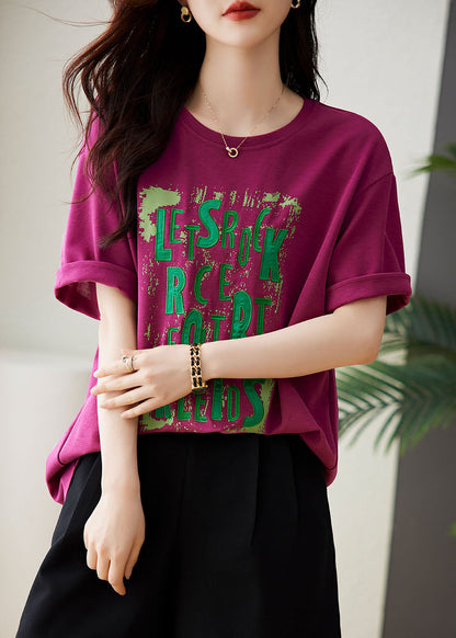 Loose Grey O-neck Print Top Short Sleeve