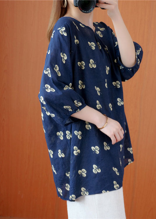 Navy O-neck Print Wrinkled Fall Half Sleeve Top