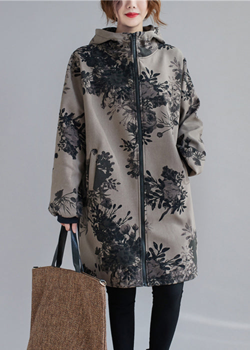 Charcoal Grey Hooded Print Pockets Patchwork Thick Coats Fall