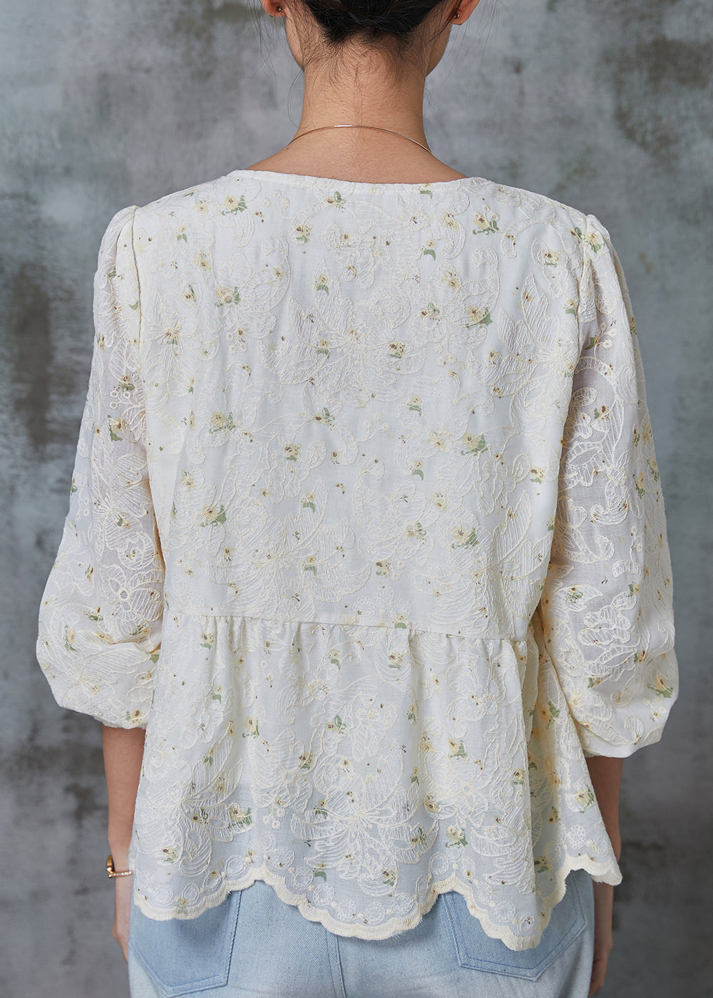 White Square Collar Embroidered Cotton Tops Spring