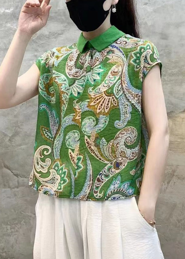 Pink Peter Pan Collar Print Cotton Tops Summer