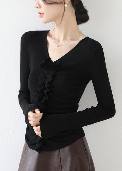 Fitted Red V Neck Ruffled Knit Top Spring