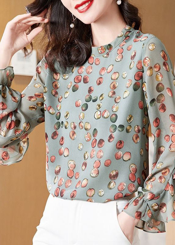 Light Green O-neck Asymmetrical Print Chiffon Shirt Top Spring