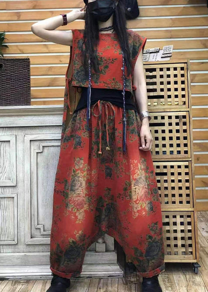 Organic Red O-neck Print Low High Design Fall Sleeveless Two Pieces Set