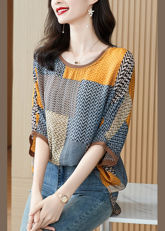 Yellow O-neck Print Patchwork Silk Tops Half Sleeve