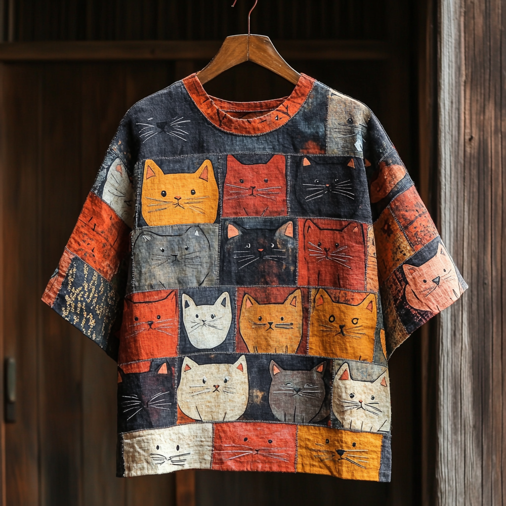 Women's Pop Art Cat Expression Contrast Patchwork T-shirt elevenforest