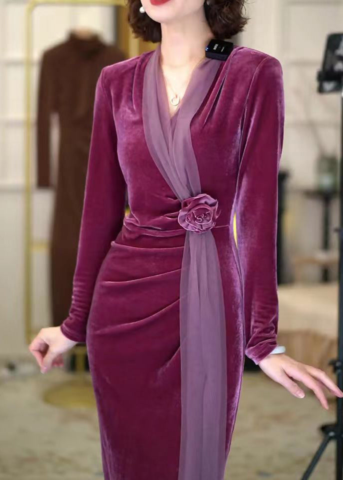 Chinese Style Purple V Neck Wrinkled Rose Silk Velour Long Dress Winter
