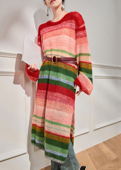 French Red O-neck Striped Sashes Knitted Cotton Thread Long Dress Winter