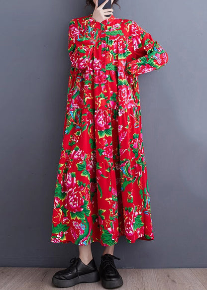Red Stand Collar Patchwork Wrinkled Maxi Dresses Long Sleeve Spring