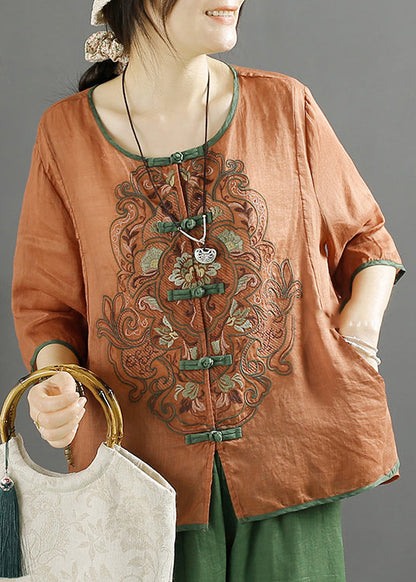 Orange Retro Linen Shirt Embroideried Chinese Button Summer