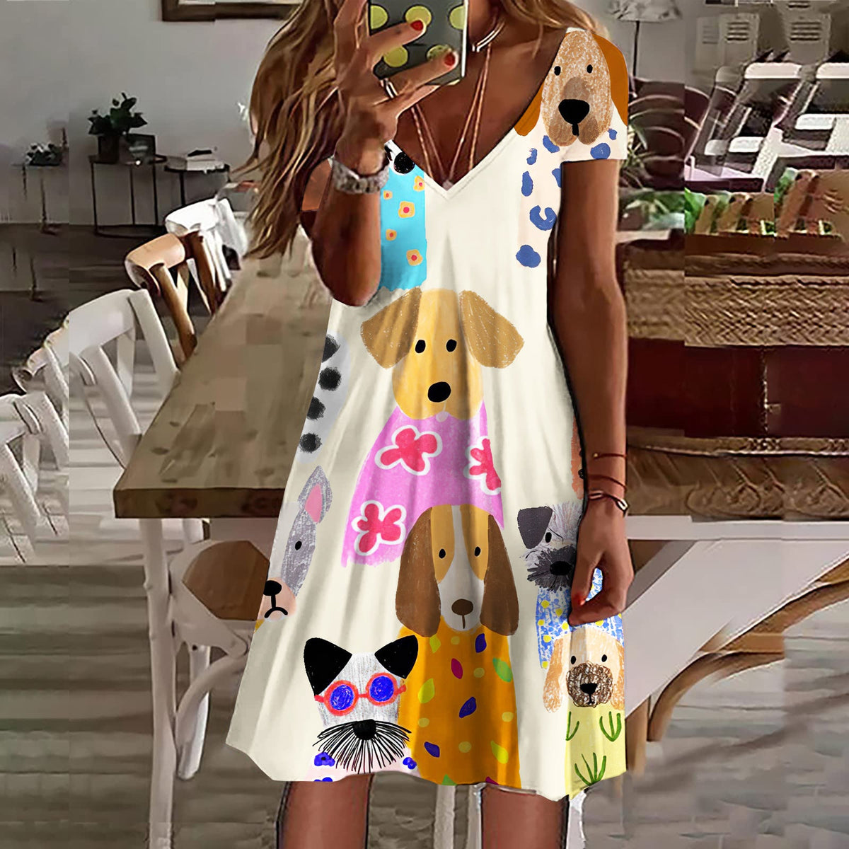 Comstylish Women's Colorful Cute Dogs Casual Midi Dress