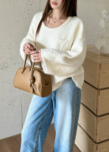 White Oversized Jacquard Knit Sweaters Winter