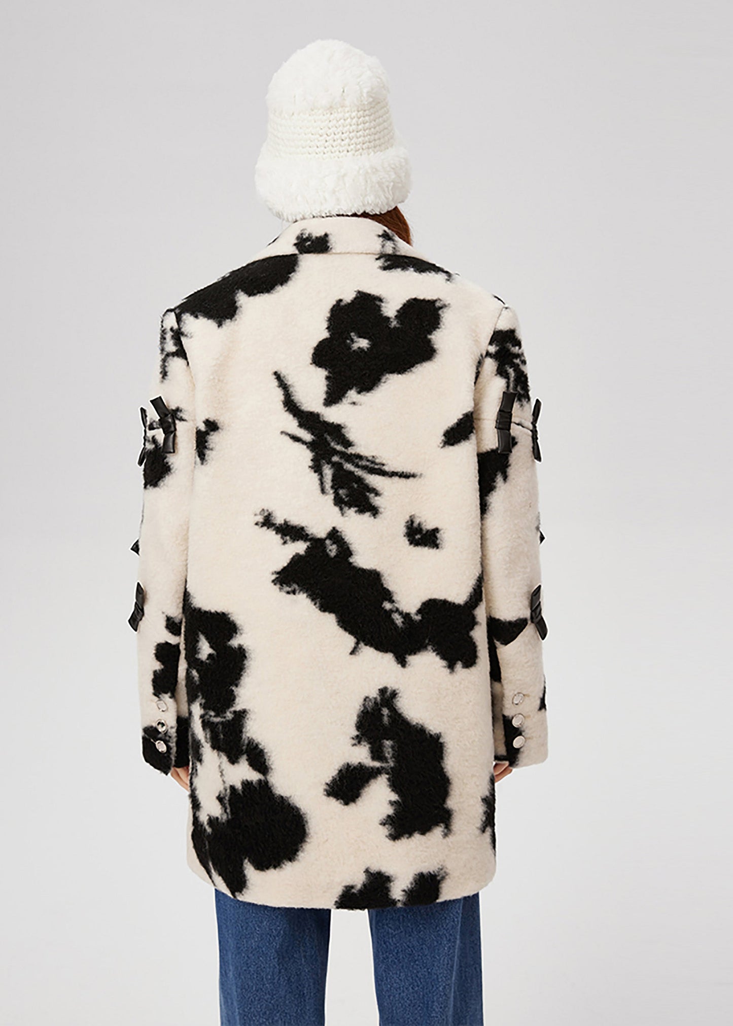 Black White Print Bow Woolen Coats Spring
