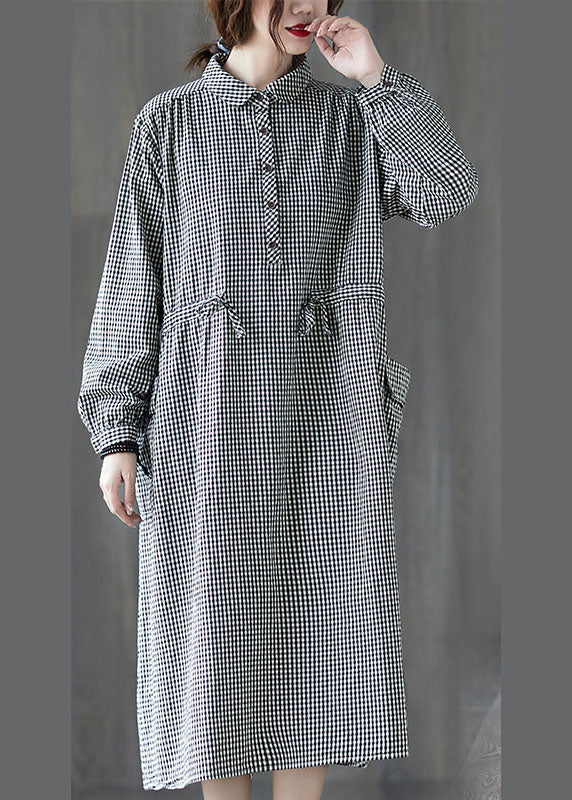 Simple Plaid Button Pockets Tie Waist Fall Party Dress Long Sleeve
