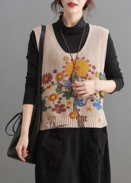 Apricot V Neck Print Low High Design Knit Waistcoat Fall