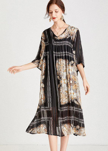 Classy Black Apricot V Neck Print Fall Chiffon Party Dresses Half Sleeve