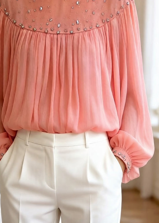 Loose Orange Zircon Wrinkled Tulle Blouses Top Lantern Sleeve Spring