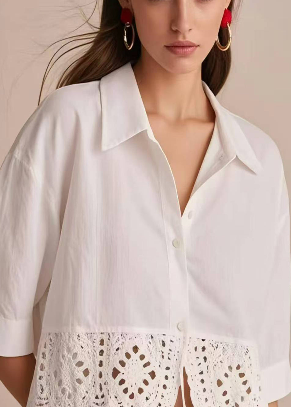 Style White Peter Pan Collar Patchwork Lace Tops Half Sleeve