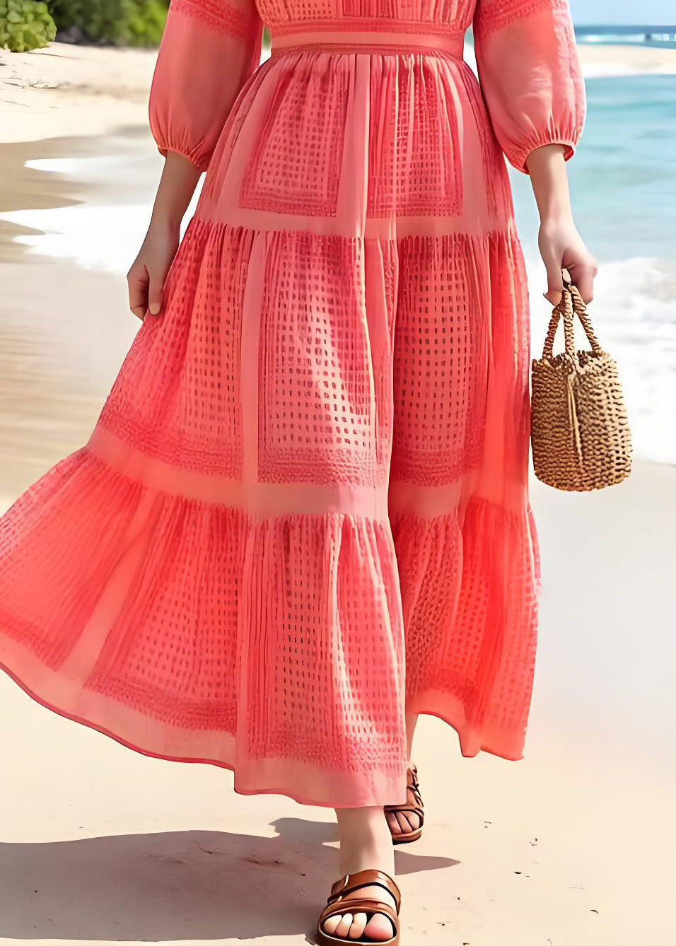 Holiday Style Orange V Neck Ruffled Print Chiffon Dress Summer
