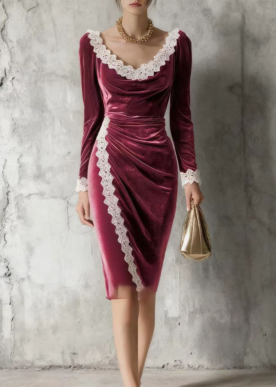 Mulberry O-neck Lace Patchwork Silk Velvet Mid Dress Spring