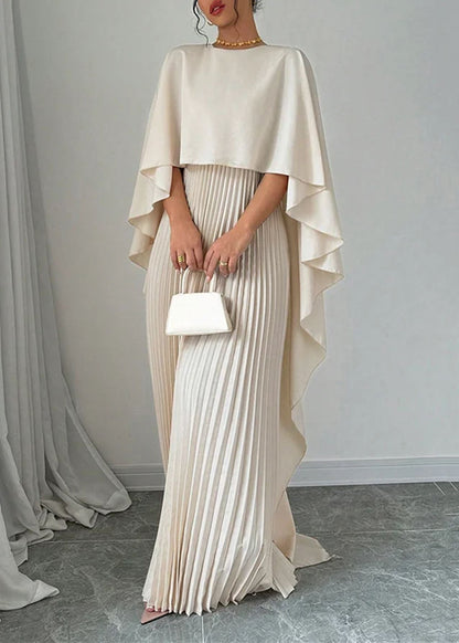 Beige Asymmetrical Patchwork Cotton Long Dress Batwing Sleeve