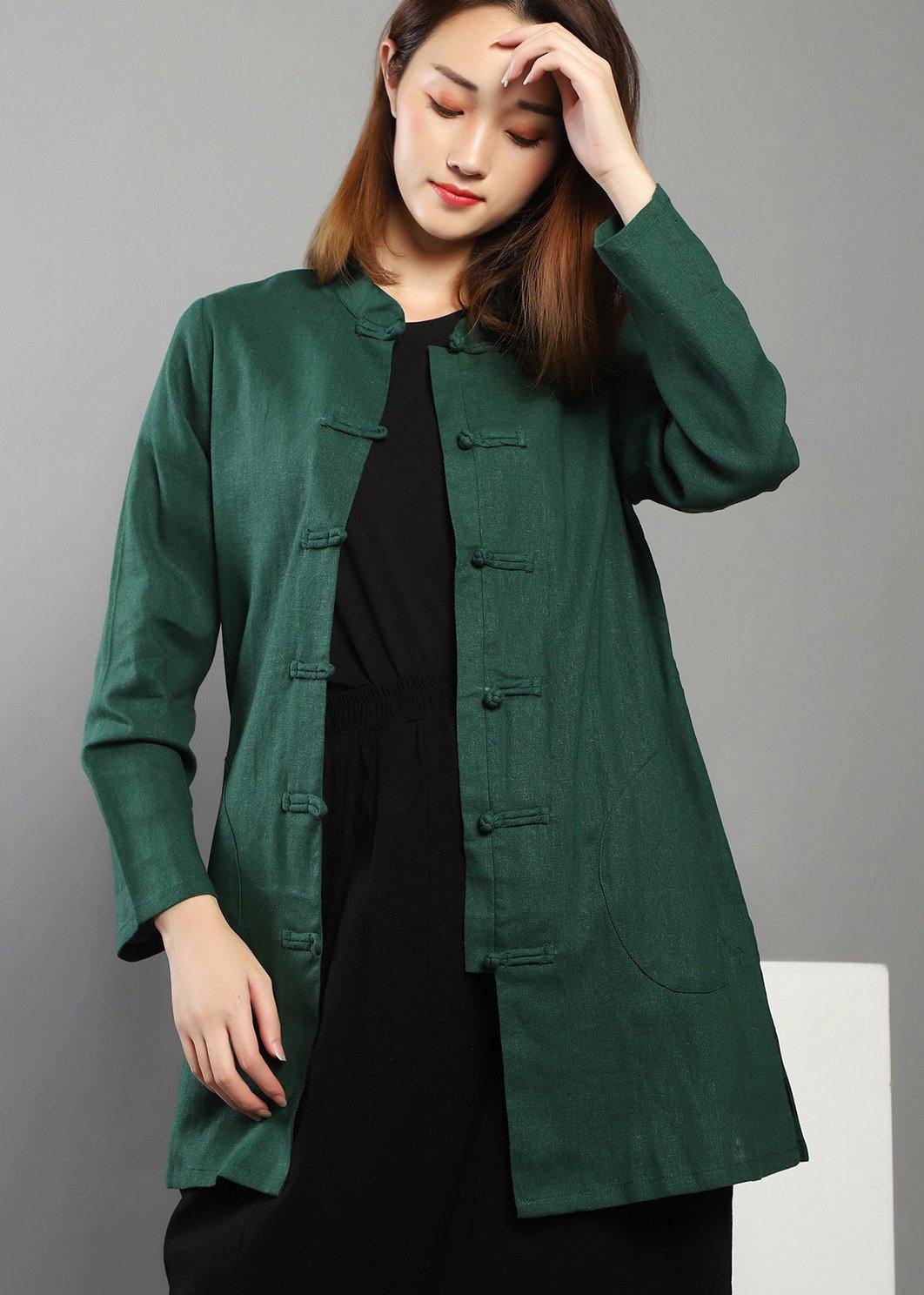 Green Low High Design Chinese Button Spring Shirt Tops