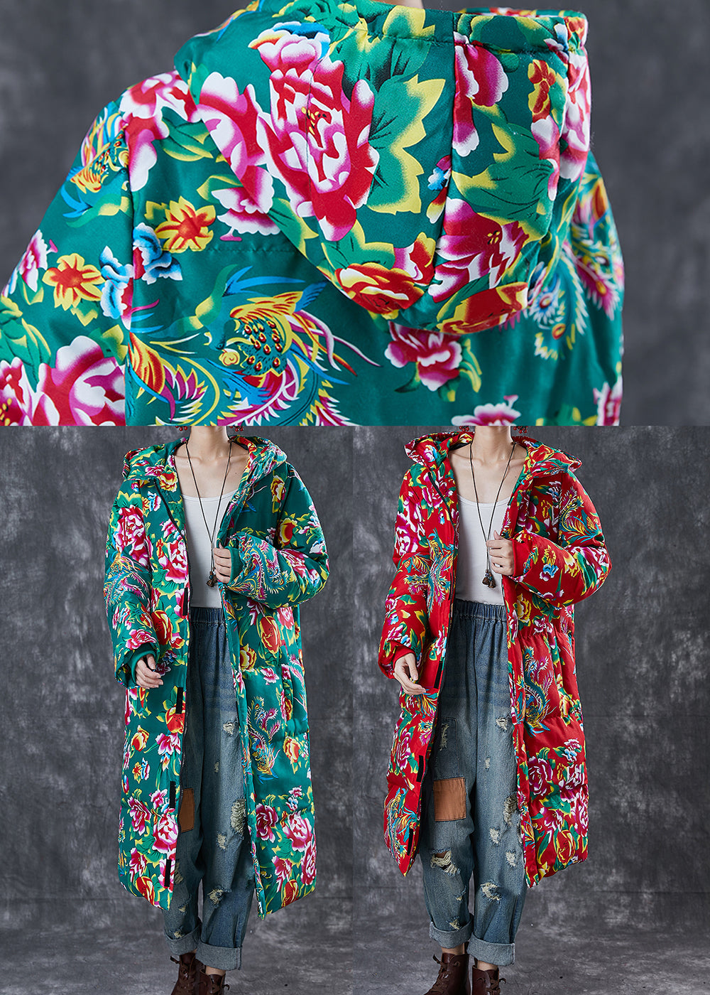 Art Red Hooded Print Fine Cotton Filled Witner Jacket Winter