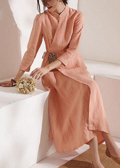 Unique Pink Embroideried Tie Waist Summer Linen Summer Dresses