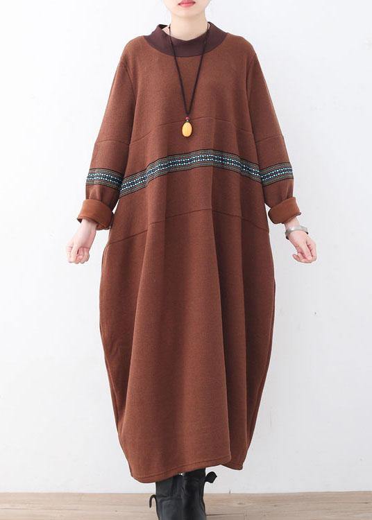 Classy Chocolate O-neck Long Sleeve Loose Fall Cotton Dress