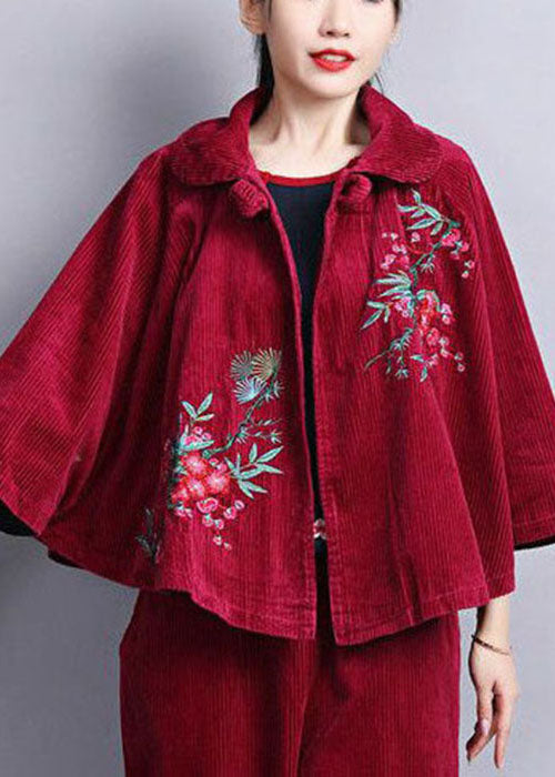 Mulberry Peter Pan Collar Embroideried Corduroy Coats Cloak Sleeves