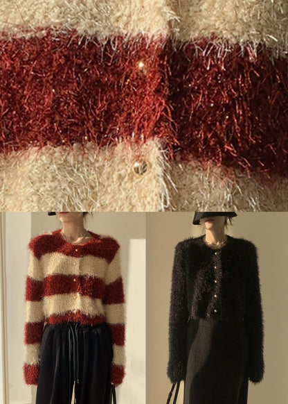 Black Fluffy Knit Cardigan O-neck Winter