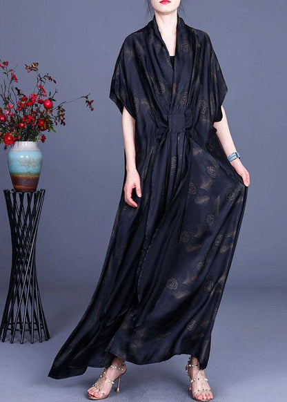 Black Print Feather Chiffon Dress Summer