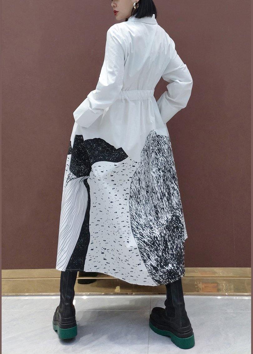 Simple Lapel Drawstring Spring Dresses Work Outfits White Print a Line Dress