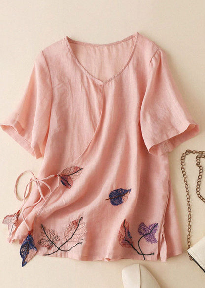 Light Blue V Neck Embroideried Tie Waist Cotton Linen Top Short Sleeve
