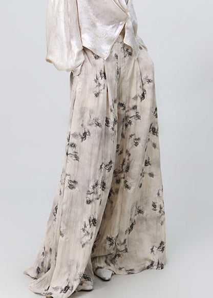Print Pockets High Waist Cotton Wide Leg Pants Spring