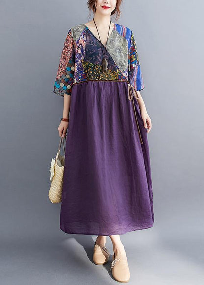 Simple Purple Print Tunic Pattern V Neck Tie Waist Loose Spring Dress