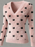Comstylish Cute Cat Heads Embroidered V Neck Flannel Sweatshirt