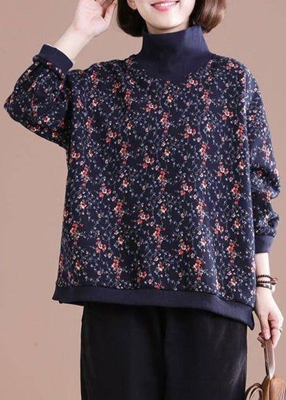 Black Turtleneck Print Patchwork Warm Fleece Tops Long Sleeve