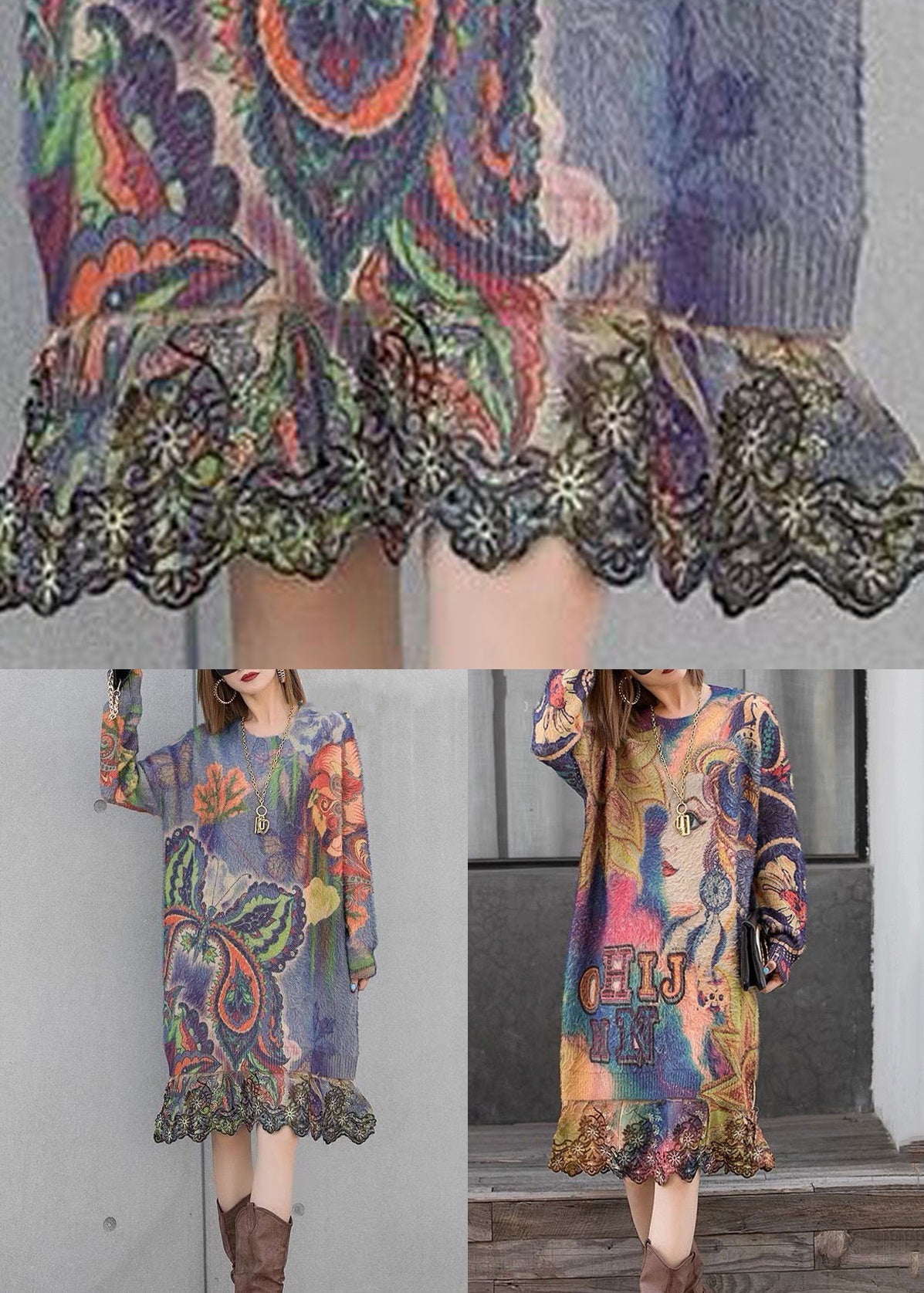 Butterfly Lace Patchwork Mink Velour Dress O Neck Long Sleeve